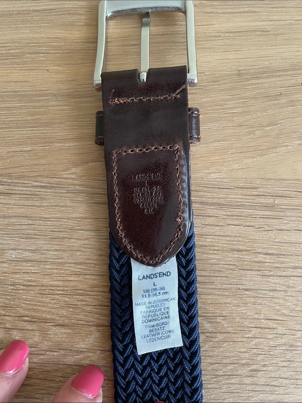 LANDS’ END MEN’S BRAIDED STRETCH BELT Size L (36 - 38) Navy Blue Leather Trim